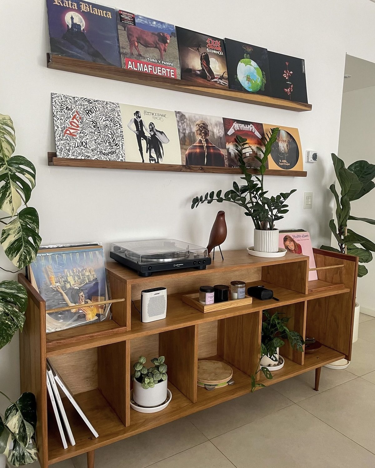 meuble en bois rangement vinyle et plante dans des pots